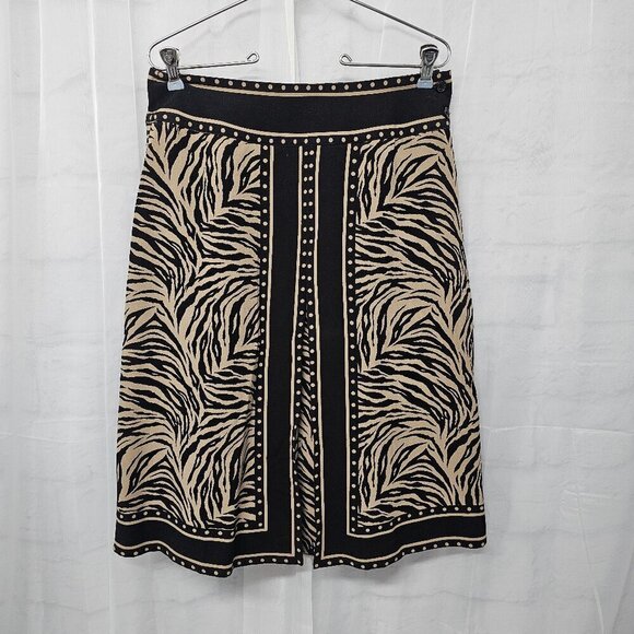 Silkland Tan Black Animal Print Pleated A-Line Skirt Tribal Safari Office 6 - Picture 1 of 14